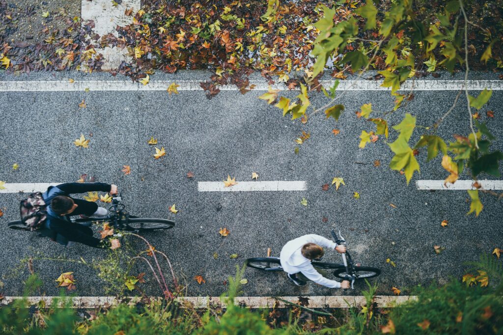 birdseye view of cyclists in a city