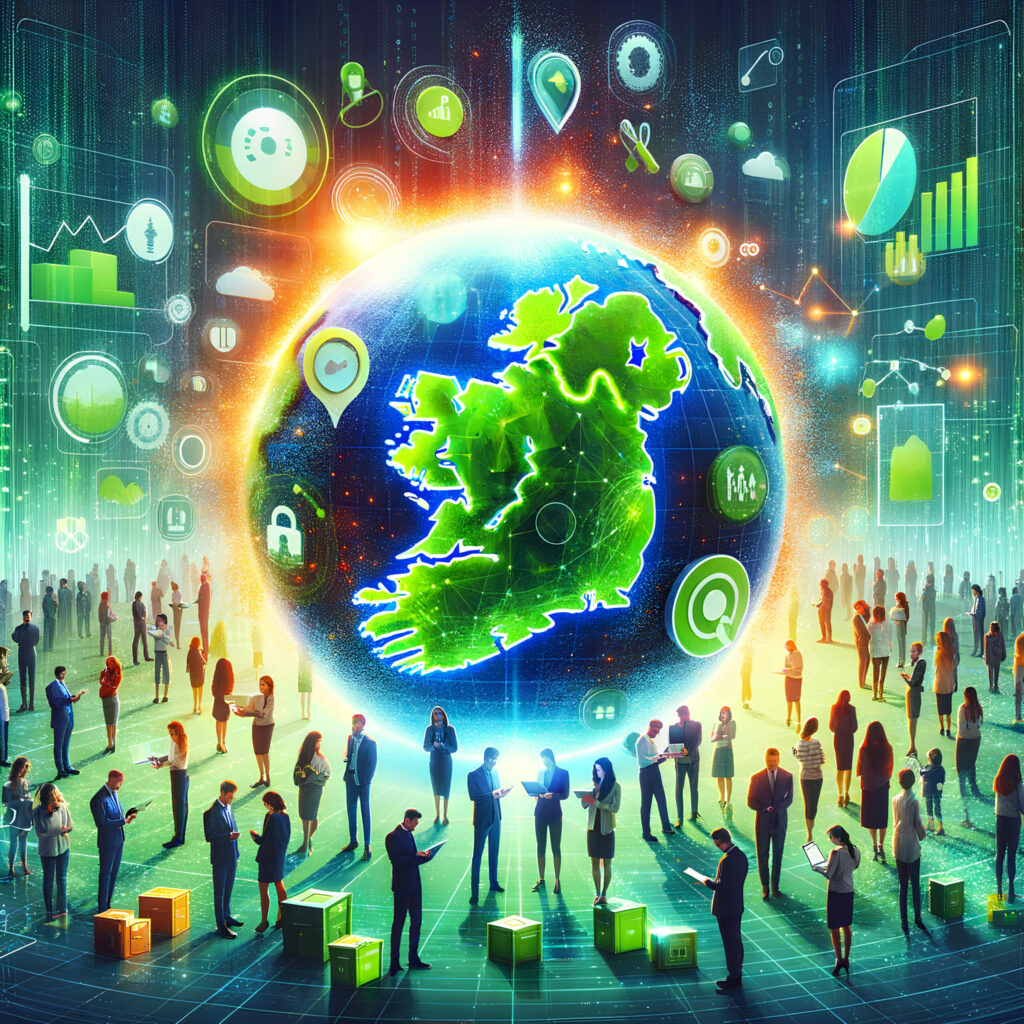 Map of Ireland on world globe with people standing below using electronic devices and digital images above globe