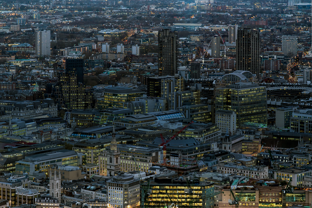 aerial view of city with office and apartment blocks