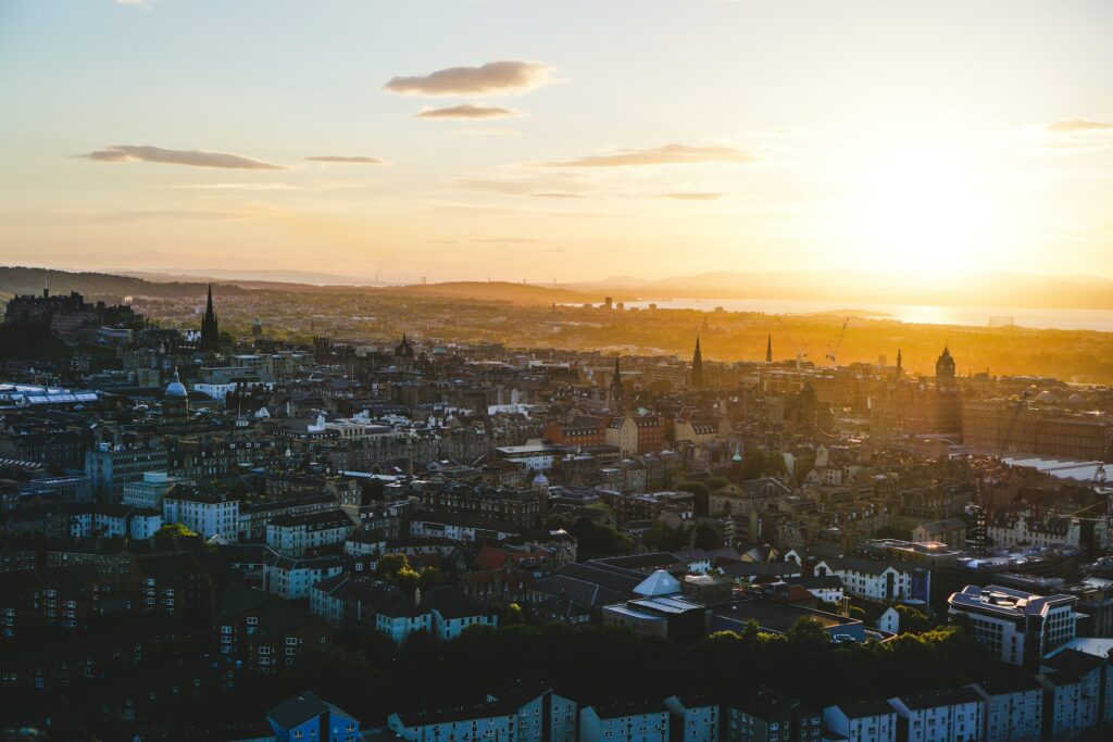 city skyline at sunset