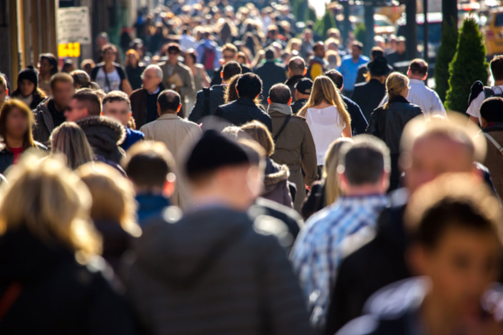 crowded street with people walking