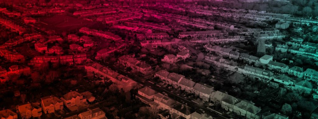 overhead view of houses and streets of a town