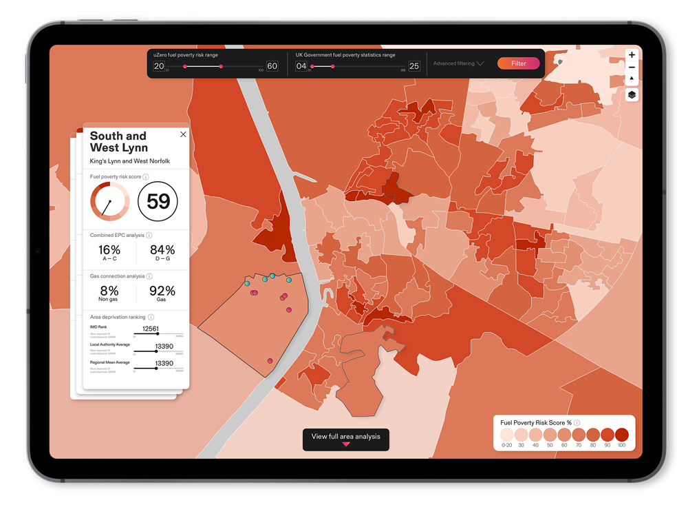 map and dashboard of UK town boundaries in orange and red tones